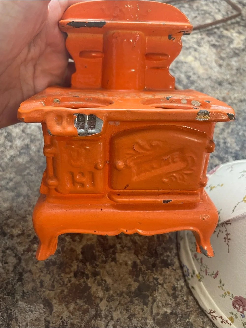 ACME Orange Mini Cast Iron Stove Lantern Vtg Salesmen Sample Floral Fabric Shade